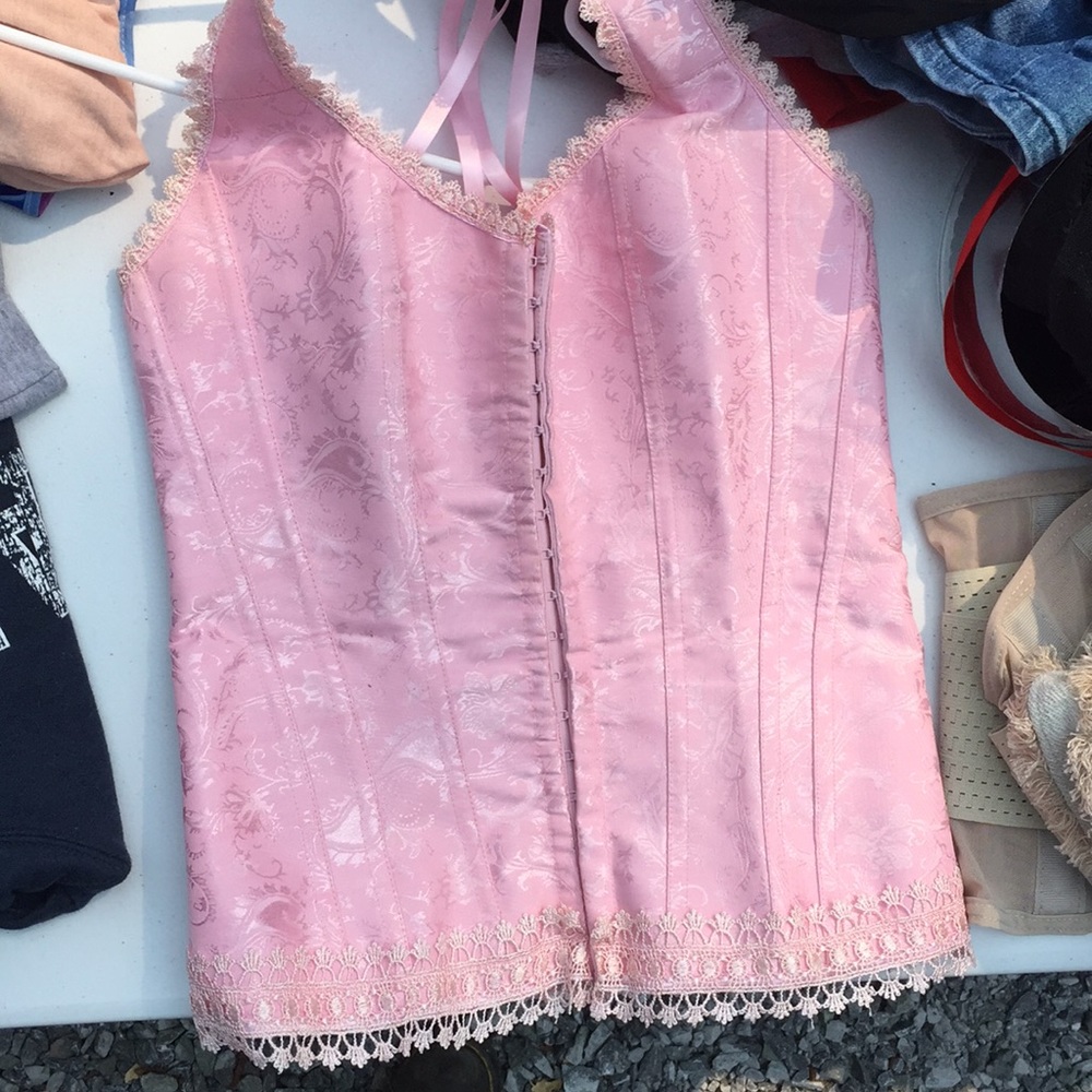 Pink boned corset. Satin and lace.